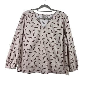 Cottagecore Peasant Corduroy Loft Cream Red Leaf Print Top Size XL Puff Sleeve